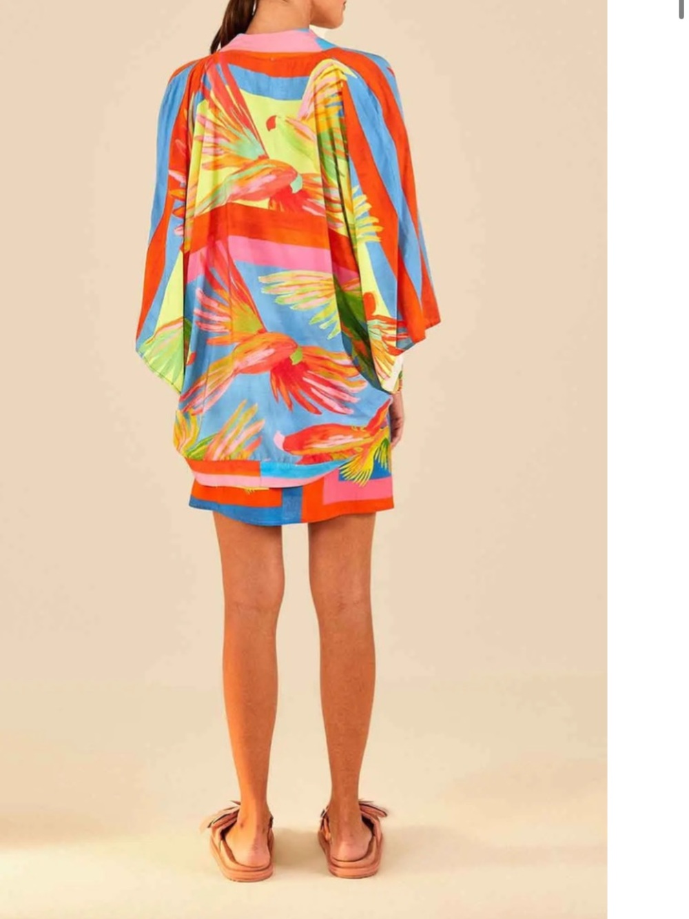New Anthropologie Farm Rio Parrot Resort Kimono Cocoon Yellow Red Wrap Top S